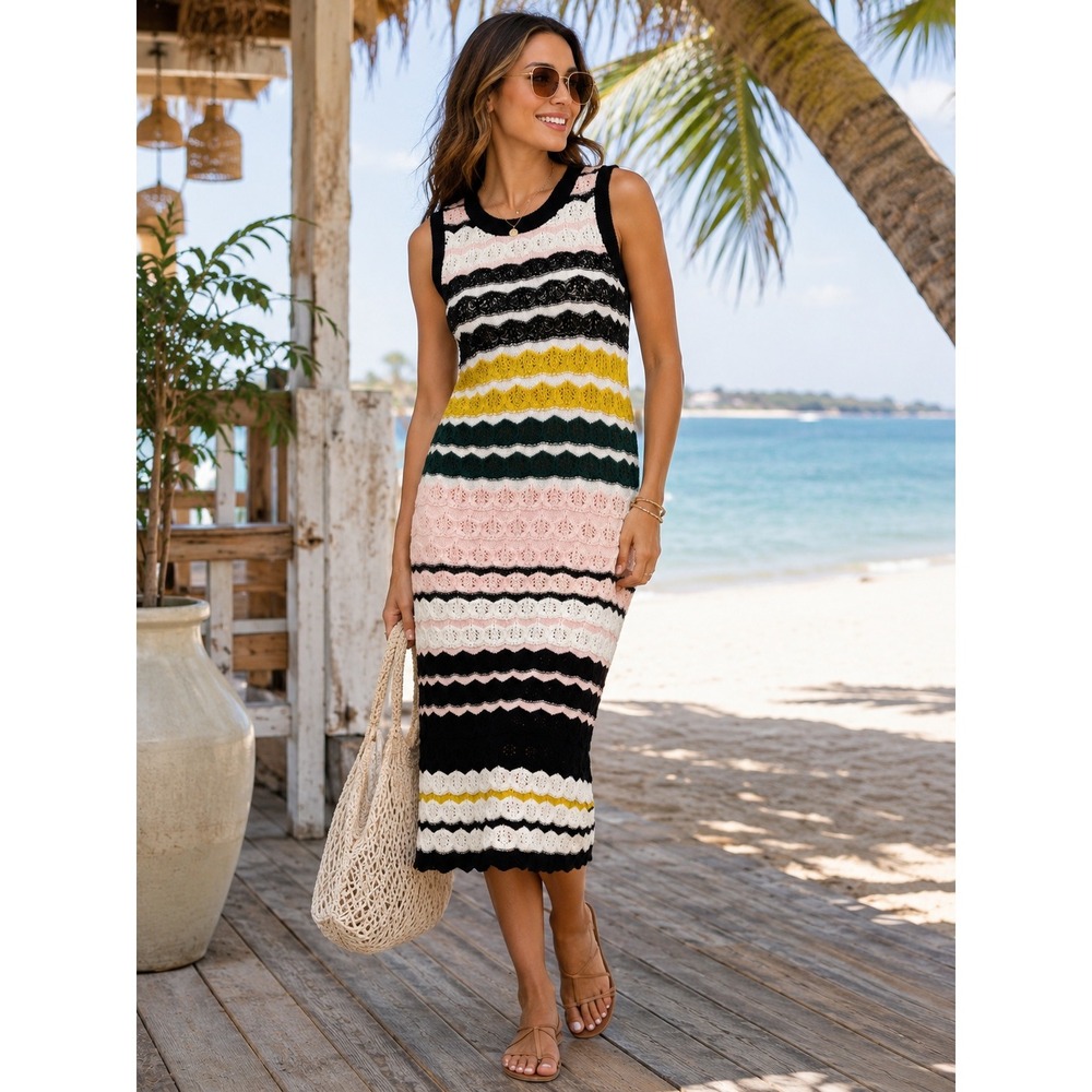 Akemi+Kin L Striped Crochet Knit Midi Dress Multicolor Sleeveless Boho 70s Retro